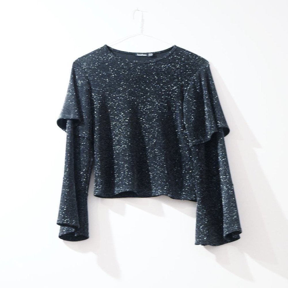 NWT Black Sparkly Ruffle Tier Bell Sleeve Shirt | Size S